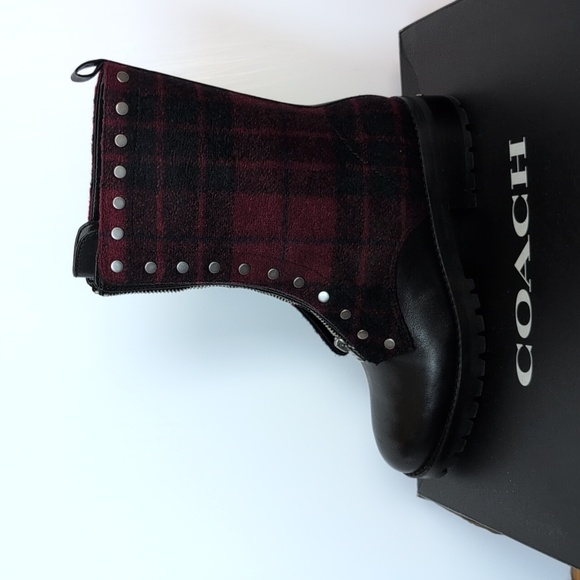 COACH Red Plaid & Leather Studded Combat Boot NIB 9 - Picture 7 of 11